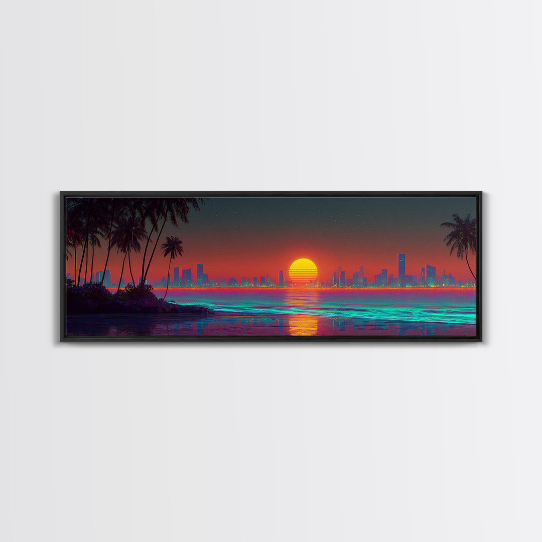 Retro Neon Coastal City Skyline Wall Art, Palm Beach Sunset, Synthwave Ocean Decor, Modern Living Room Canvas Print, Large Horizontal Art