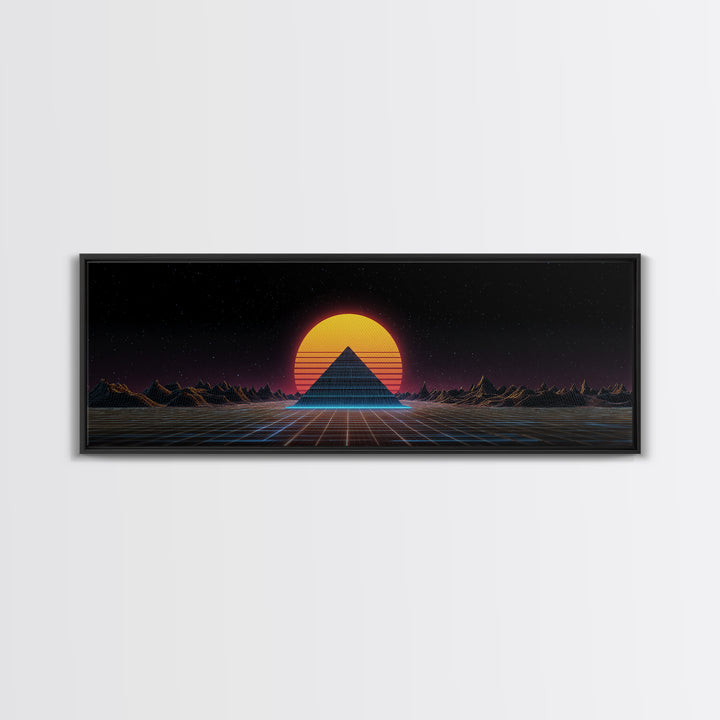 Retro Pyramid Sunset Canvas Print, Synthwave Desert Wall Art, Futuristic Vaporwave Decor, Gaming Room Statement Artwork Poster