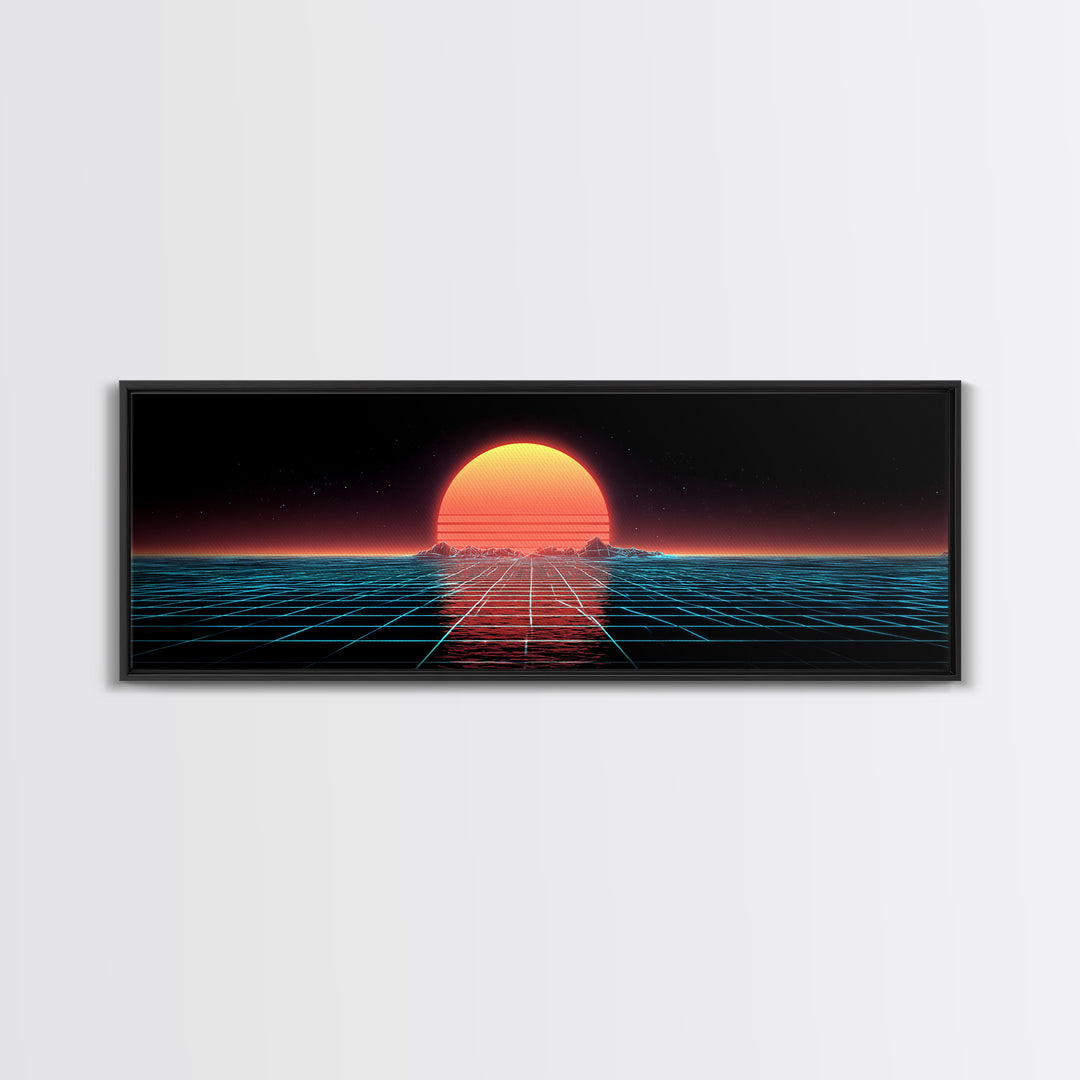 Retro Futuristic Ocean Grid Sunset Wall Art, Synthwave Neon Landscape, Vaporwave Decor, Large Horizontal Art Print, Home Decor