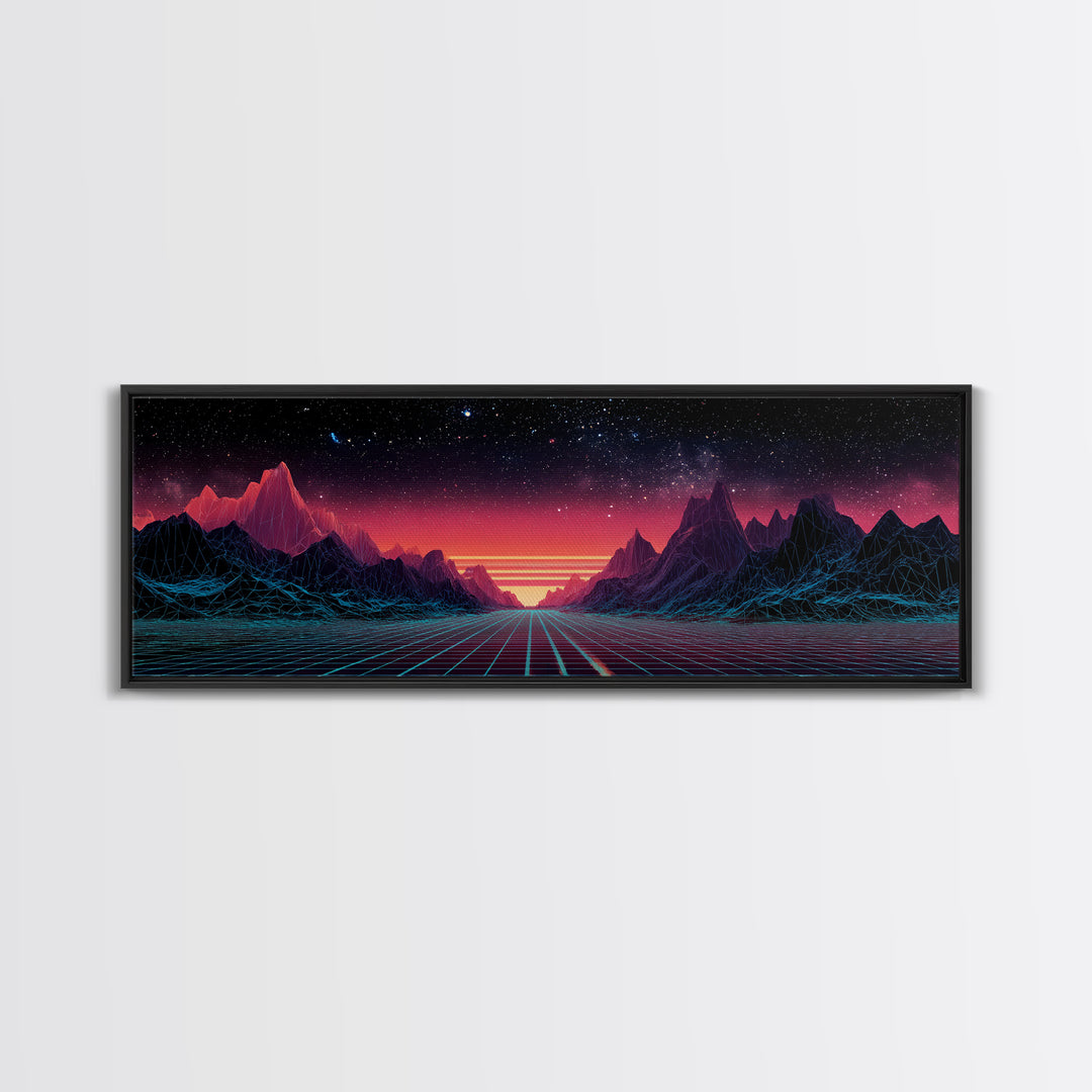 Synthwave Mountain Road Under Starry Sky, Retro Futuristic Wall Art, Landscape Canvas Print, Man Cave Decor, Large Wall Art