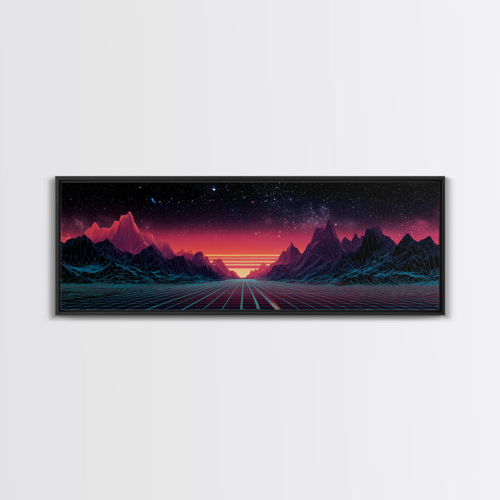 Synthwave Mountain Road Under Starry Sky, Retro Futuristic Wall Art, Landscape Canvas Print, Man Cave Decor, Large Wall Art