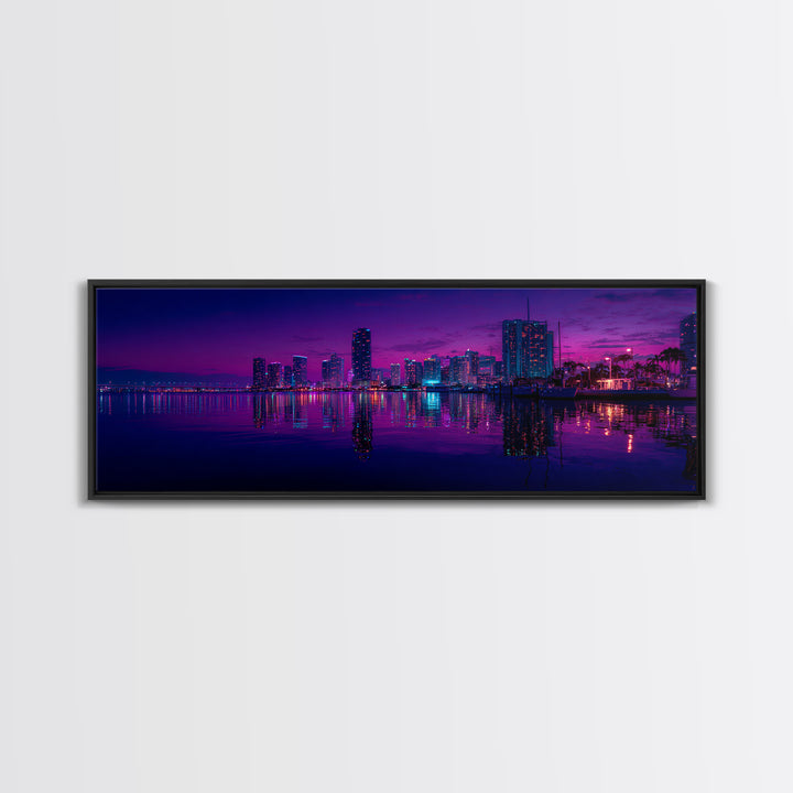 Neon Waterfront City Skyline Wall Art, Miami Night Canvas Print, Urban Photography Decor, Modern Office Living Room Poster