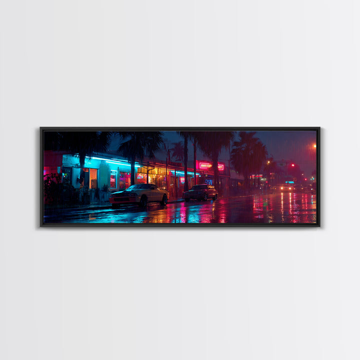 Rainy Neon City Street Wall Art, Cyberpunk Urban Night Canvas Print, Retro Motel Lights, Modern Office Decor, Moody Wall Decor
