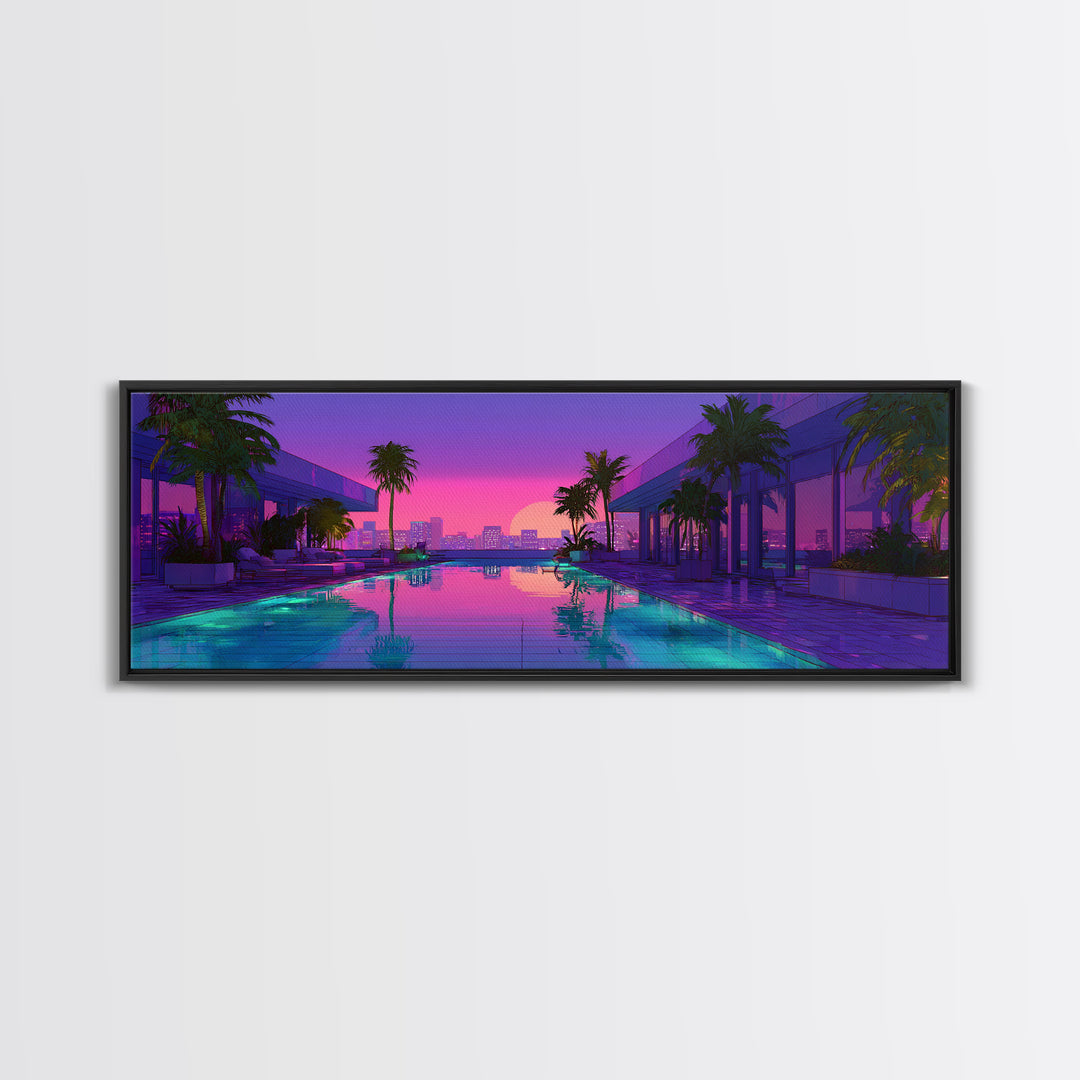 Neon Poolside City Sunset Framed Canvas Print, Miami Palm Skyline Wall Decor, Cyberpunk Art, Modern Living Room Decor, Large Wall Art