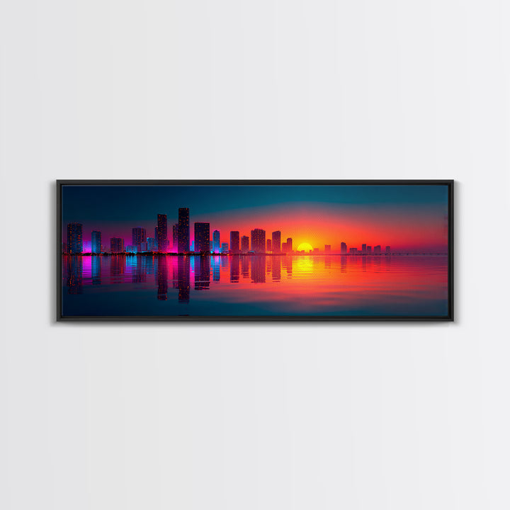 Neon City Skyline Sunset Wall Art, Modern Urban Landscape With Water Reflections, Colorful Office Decor, Large Canvas Print