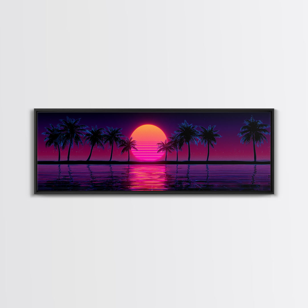 Neon Palm Tree Sunset Canvas Print, Tropical Beach Wall Art, Retro Coastal Decor, Pink Purple Living Room Art, Home Decor
