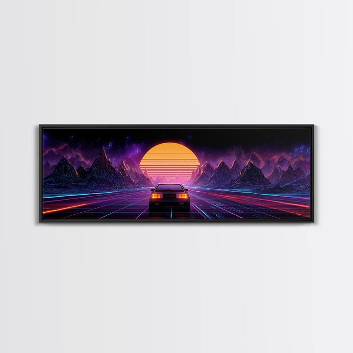 Neon Synthwave Car Wall Art, Retro Futuristic Mountains, Cyberpunk Sunset Decor, Gaming Room Poster, Panoramic Canvas Print