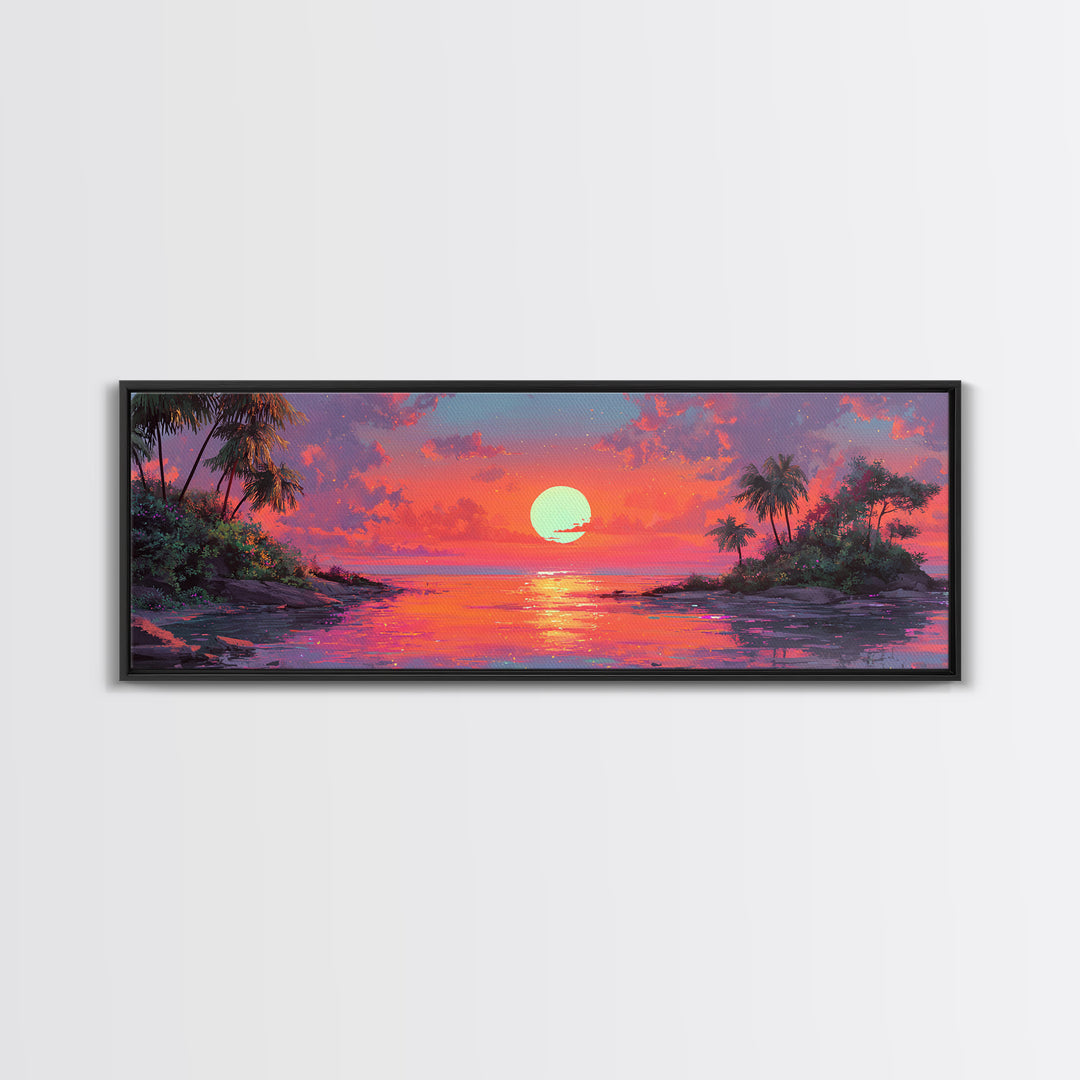 Tropical Island Sunset Cove Wall Art, Extra Wide Canvas Print, Coastal Beach House Decor, Vibrant Ocean Living Room Wall Decor