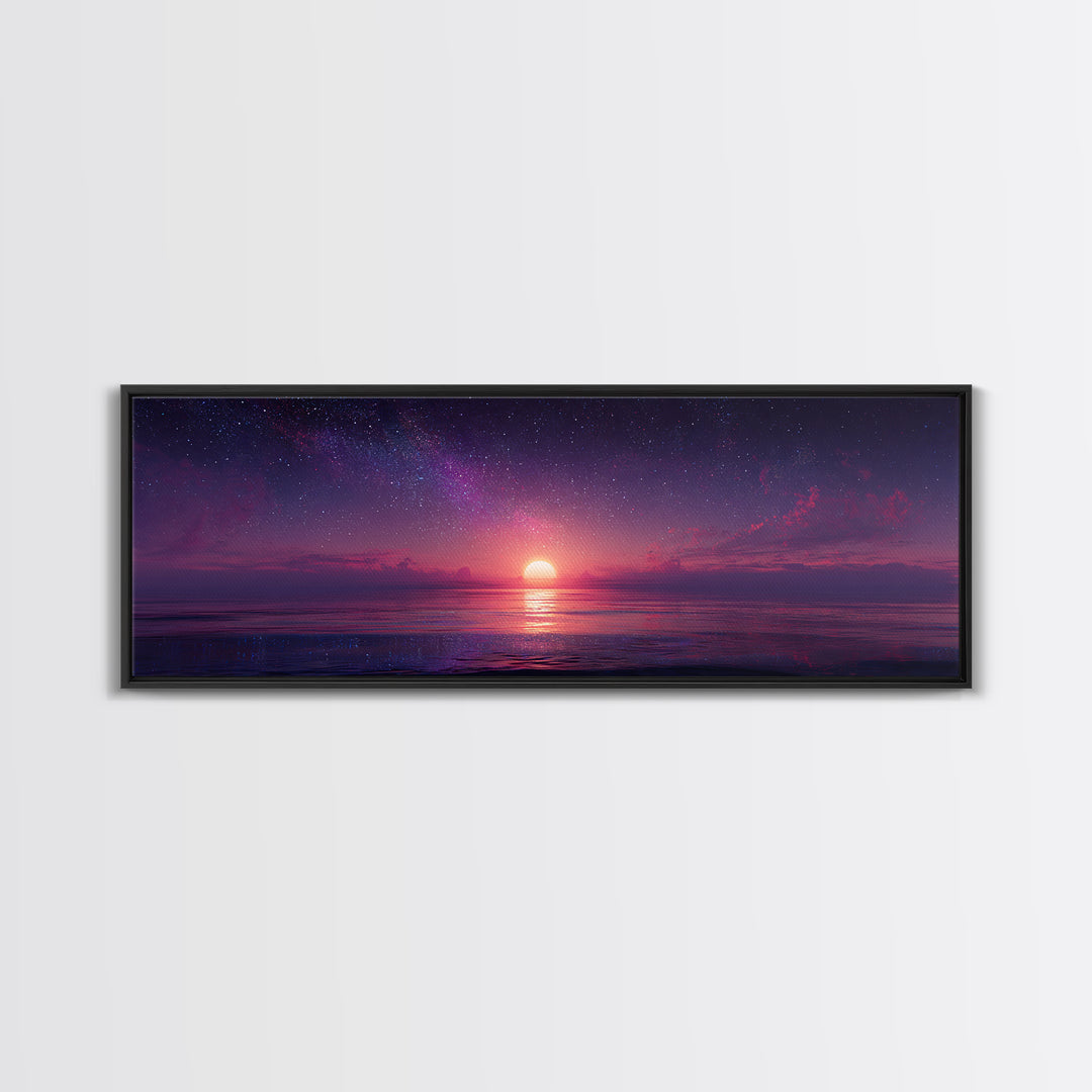 Starry Purple Ocean Sunset Wall Art, Celestial Seascape Canvas Print, Coastal Bedroom Decor, Romantic Beach House Gift For Her