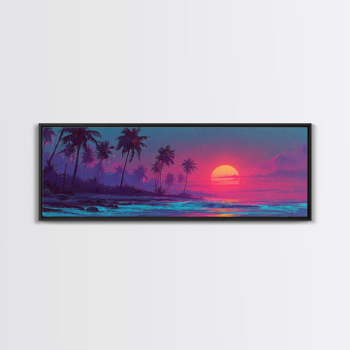 Pink Tropical Palm Island Sunset Wall Art, Neon Ocean Waves, Coastal Beach House Decor, Large Horizontal Canvas Print Poster