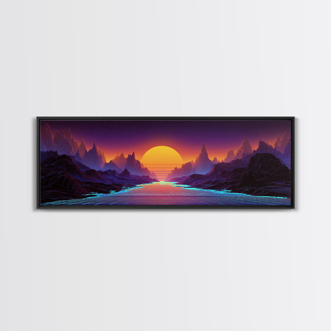 Neon Fantasy Mountain Valley Wall Art, Synthwave Landscape Canvas Print, Futuristic Decor, Gaming Room, Large Poster, Home Decor