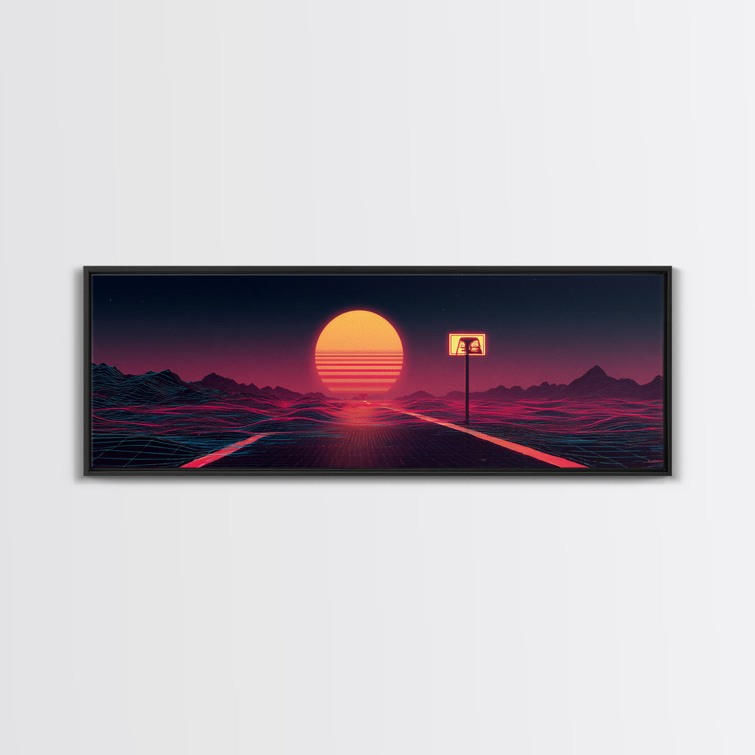 Lonely Neon Desert Highway With Retro Sun Canvas Print, Vaporwave Wall Art, Futuristic Decor, Gamer Room Poster Gift For Him