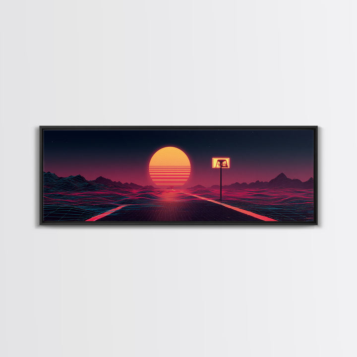 Lonely Neon Desert Highway With Retro Sun Canvas Print, Vaporwave Wall Art, Futuristic Decor, Gamer Room Poster Gift For Him