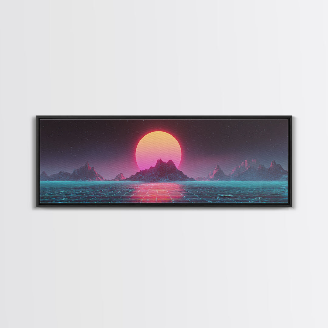 Alien Mountain Grid Sunset Wall Art, Retro Futuristic Synthwave Landscape, Vaporwave Home Decor, Large Horizontal Art Print