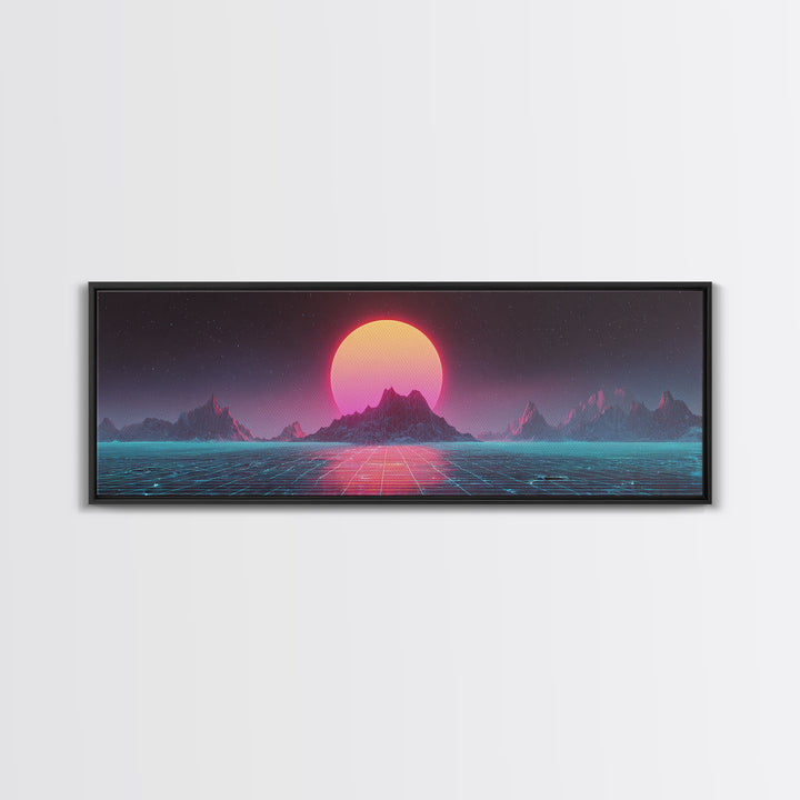 Alien Mountain Grid Sunset Wall Art, Retro Futuristic Synthwave Landscape, Vaporwave Home Decor, Large Horizontal Art Print