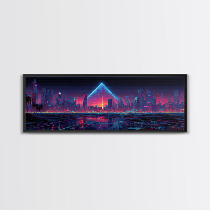Cyberpunk Neon City With Glowing Pyramid, Futuristic Wall Art, Synthwave Canvas Print, Gaming Room Decor, Modern Office Art