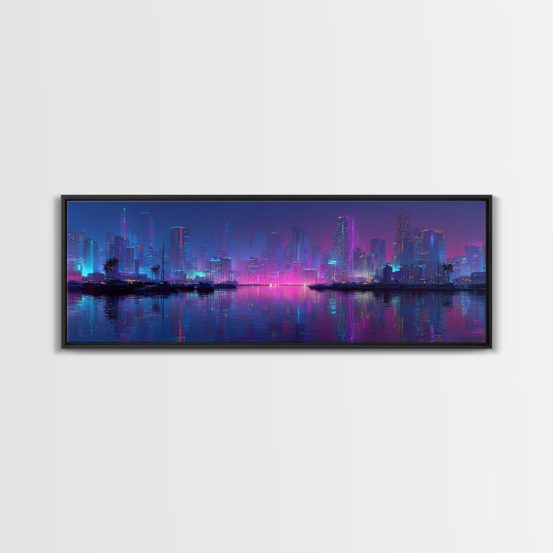 Neon Cyberpunk Skyline Canvas Print, Futuristic Cityscape Wall Art, Vaporwave Office Decor, Large Modern Urban Night Art