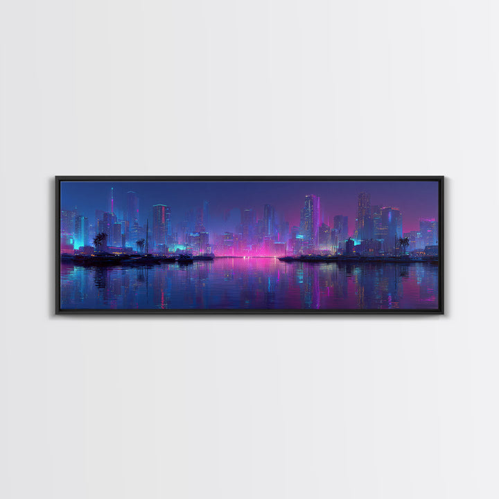 Neon Cyberpunk Skyline Canvas Print, Futuristic Cityscape Wall Art, Vaporwave Office Decor, Large Modern Urban Night Art