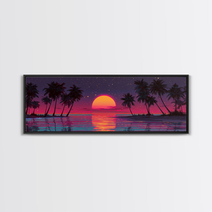 Retro Tropical Sunset Over Palm Island Wall Art, Neon Ocean Landscape, Coastal Decor, Beach House, Large Horizontal Print