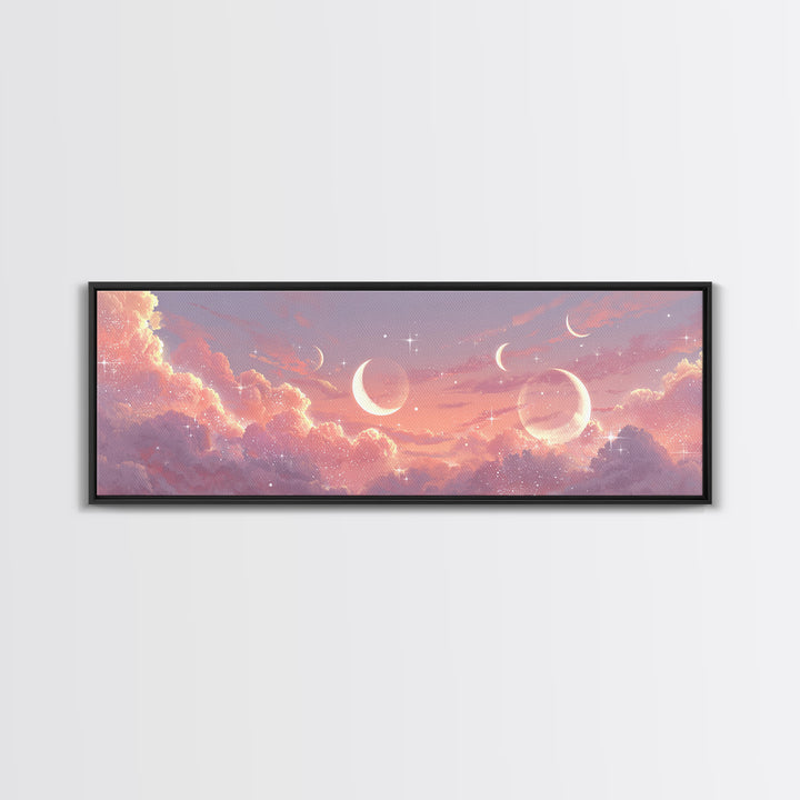 Pink Celestial Cloudscape With Crescent Moons Canvas Print, Dreamy Wall Art, Starry Nursery Decor, Romantic Bedroom Art Print