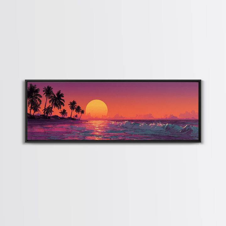 Tropical Orange Sunset Over Ocean Canvas Print, Palm Tree Beach Wall Decor, Coastal Seascape Art For Living Room, Home Decor