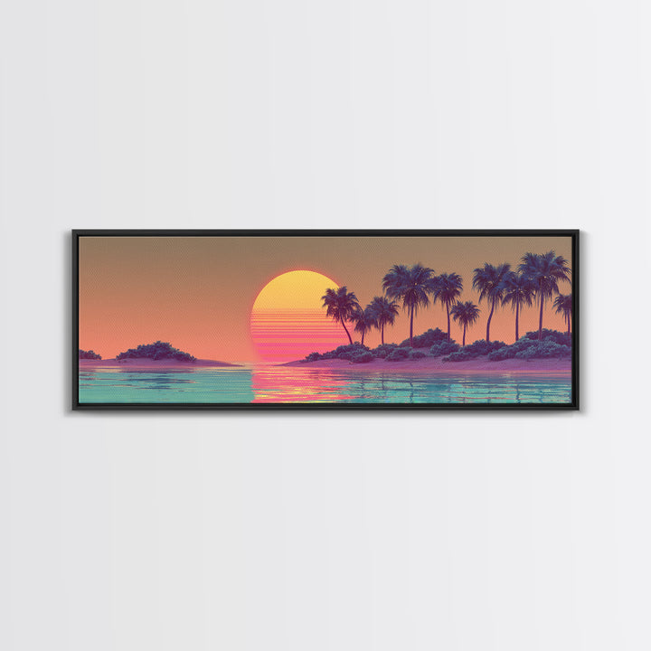 Tropical Palm Island Sunset Canvas Print, Retro Coastal Wall Art, Beach House Decor, Vaporwave Summer Landscape Art Print
