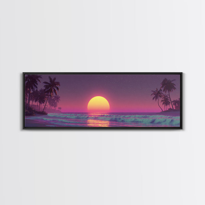 Dreamy Tropical Moonrise Over Ocean Canvas Print, Vaporwave Beach Wall Art, Palm Tree Decor, Coastal Bedroom, Sunset Print