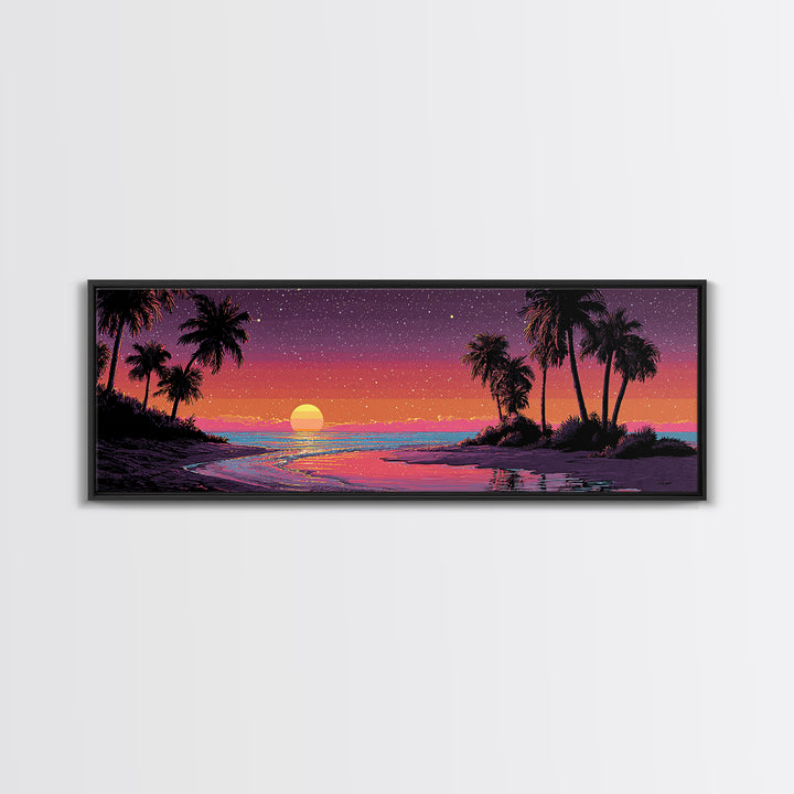 Tropical Pixel Sunset Beach With Palms, Retro Vaporwave Canvas Print, Coastal Wall Art, Beach House Decor, Gift For Her Print