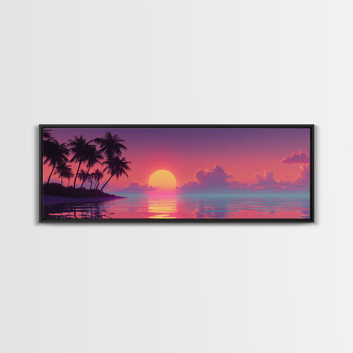 Pastel Island Sunset Over Calm Ocean Canvas Print, Tropical Palm Beach Wall Art, Coastal Home Decor, Pink Seascape Print