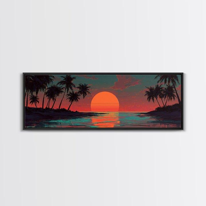 Tropical Palm Island Sunset Wall Art, Retro Beach Canvas Print, Coastal Decor, Ocean Poster, Summer Housewarming Gift, Tropical Home Decor