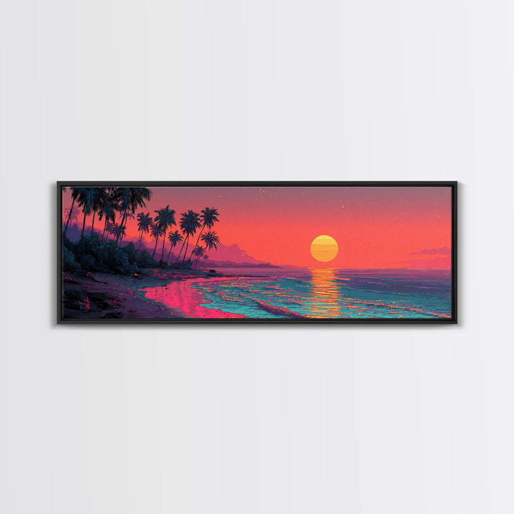Neon Tropical Beach Sunset With Palms Wall Art, Coastal Decor, Pink Ocean Landscape, Retro Panoramic Summer Canvas Print