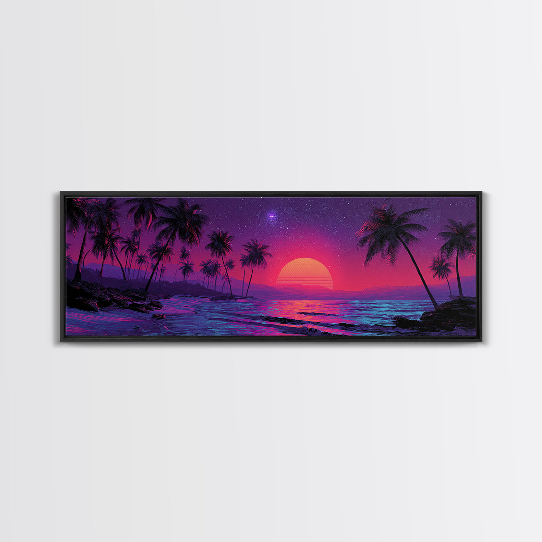 Neon Tropical Palm Beach Canvas Print, Retro Sunset Wall Art, Coastal Decor, Vaporwave Ocean Art Print, Summer Bedroom Art