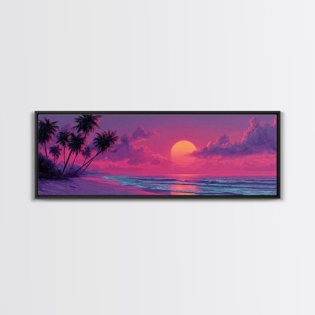 Pink Tropical Beach Sunset Wall Art, Ocean Palm Tree Canvas Print, Coastal Landscape Decor For Bedroom Living Room Wall Decor