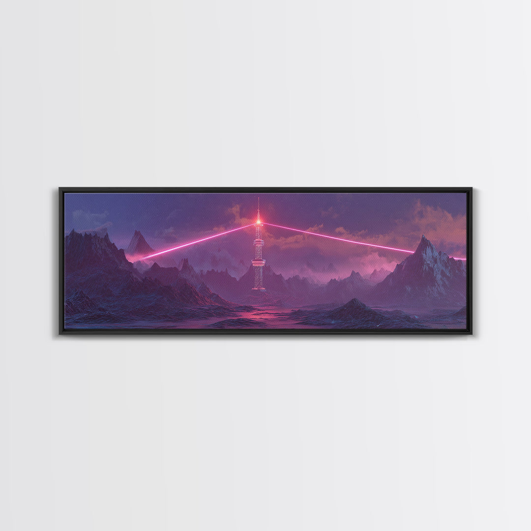 Cyberpunk Mountain Tower Canvas Print, Neon Sci Fi Wall Art, Futuristic Landscape Decor, Gaming Room Poster, Gift For Him