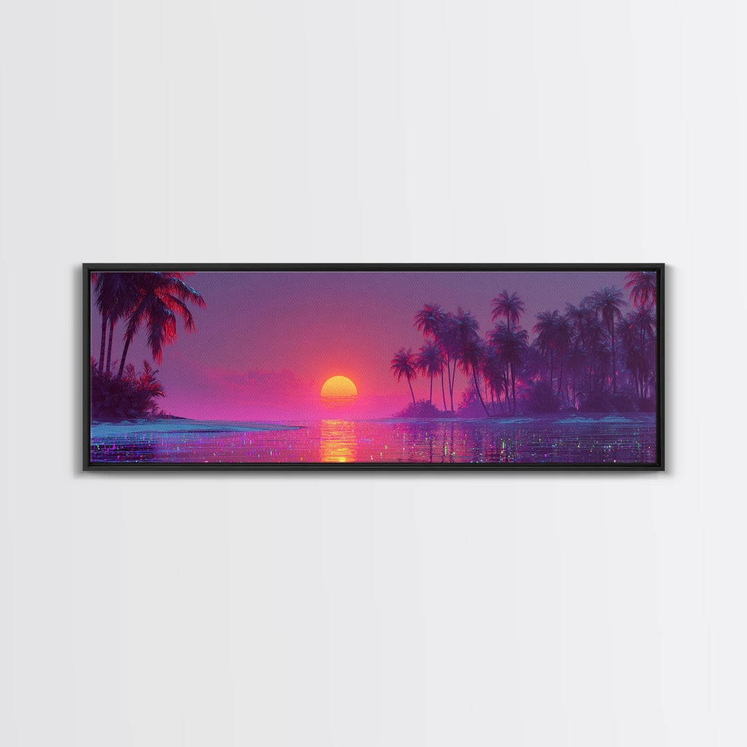 Pink Tropical Ocean Sunset Canvas Print, Palm Island Wall Art, Coastal Beach Decor, Large Vibrant Seascape Wall Art Print