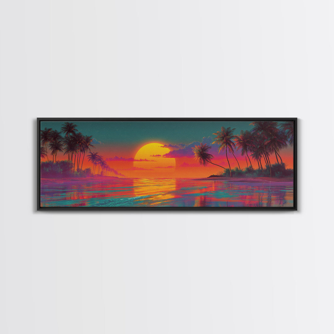 Vibrant Tropical Sunset Lagoon Wall Art, Extra Wide Panoramic Canvas Print, Beach House Decor, Coastal Living Room Wall Decor