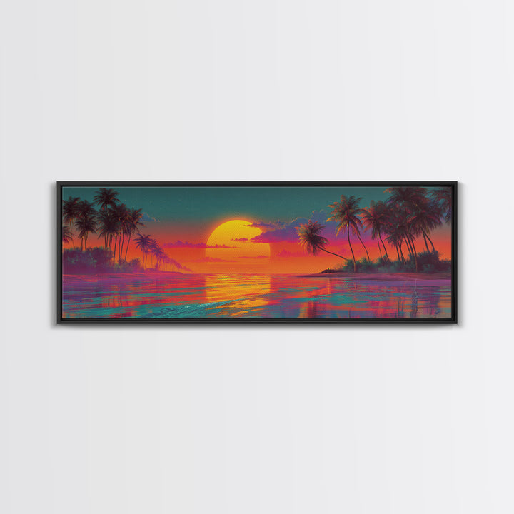 Vibrant Tropical Sunset Lagoon Wall Art, Extra Wide Panoramic Canvas Print, Beach House Decor, Coastal Living Room Wall Decor