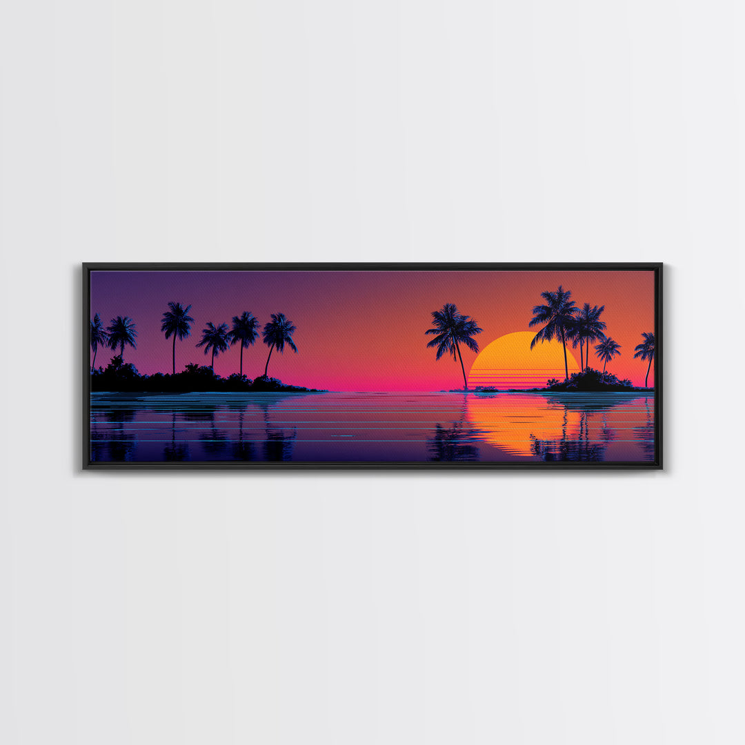 Tropical Island Sunset With Palm Trees Canvas Print, Retro Coastal Wall Art, Beach House Decor, Ocean Print For Living Room