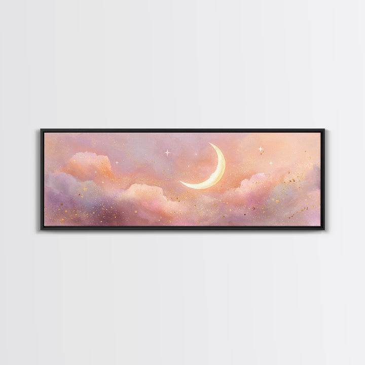 Peach Crescent Moon Over Pastel Clouds Framed Canvas Print, Celestial Wall Art, Soft Nursery Decor, Calming Bedroom Art Print