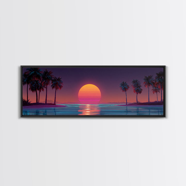 Retro Tropical Palm Sunset Wall Art, Vaporwave Beach Canvas Print, Neon Coastal Decor, 80s Aesthetic Room Decor, Gift For Him