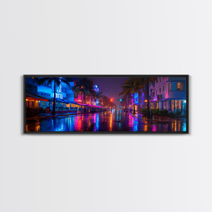 Rainy Neon Miami Street At Night Canvas Print, Cyberpunk City Wall Art, Urban Photography Decor For Modern Home Office Wall Decor