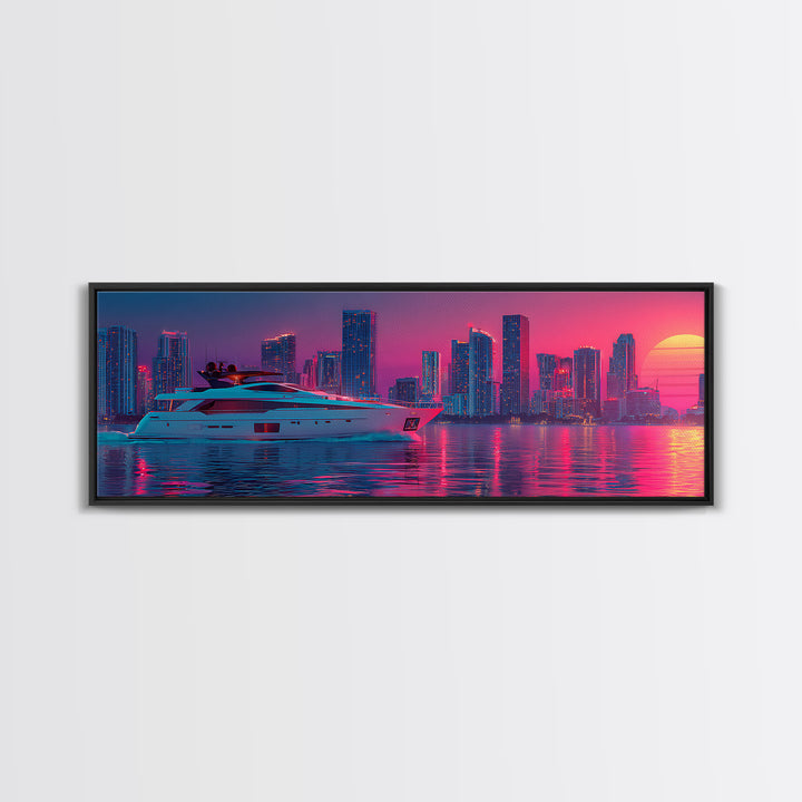Neon Yacht And Miami Skyline Framed Canvas Print, Cyberpunk Coastal Wall Art, Vaporwave City Decor, Luxury Beach Poster Print
