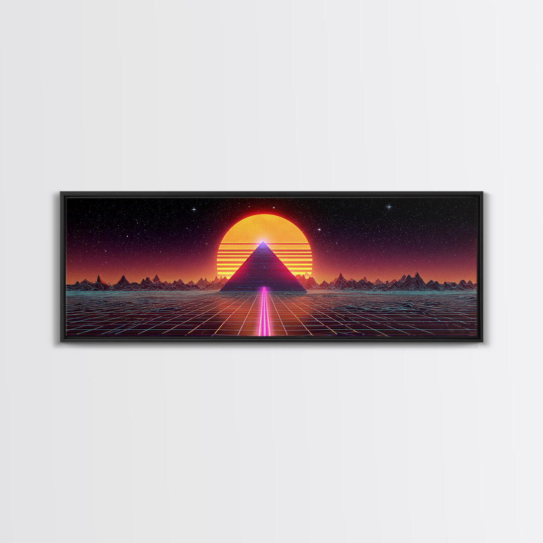 Neon Pyramid Sunset Grid Canvas Print, Retro Futuristic Wall Art, Synthwave Decor, Gaming Room Decor, Large Statement Artwork