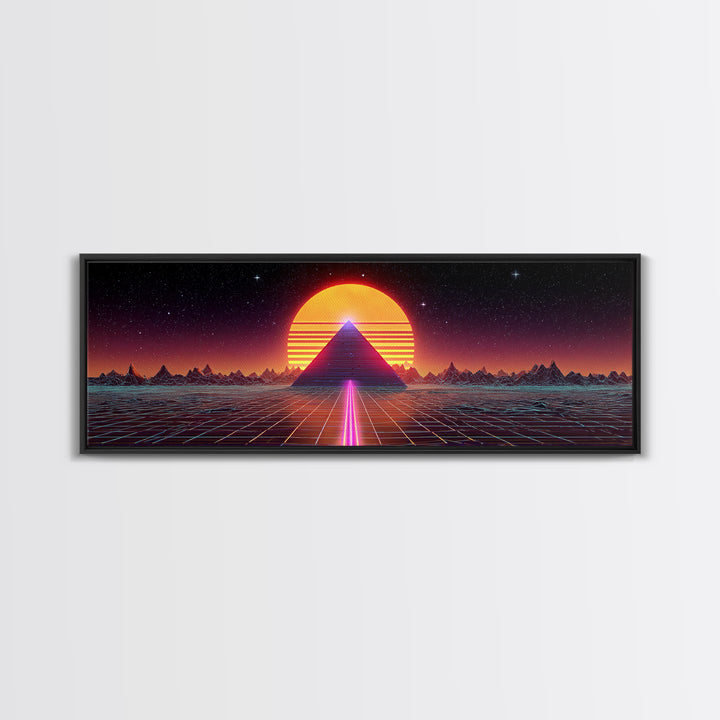 Neon Pyramid Sunset Grid Canvas Print, Retro Futuristic Wall Art, Synthwave Decor, Gaming Room Decor, Large Statement Artwork