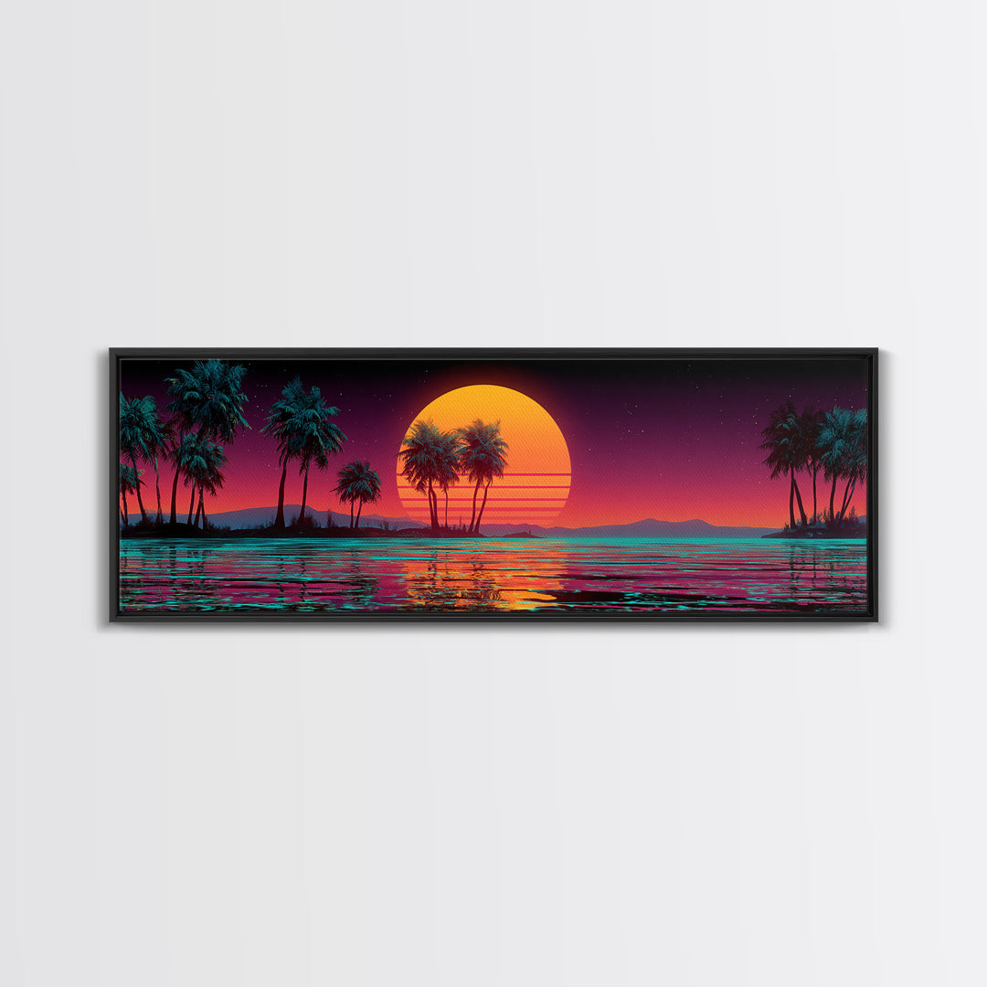 Neon Tropical Sunset Palms Over Ocean Canvas Print, Retro Futuristic Wall Art, Synthwave Beach Decor For Modern Living Room