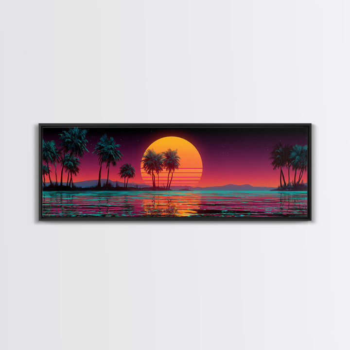 Neon Tropical Sunset Palms Over Ocean Canvas Print, Retro Futuristic Wall Art, Synthwave Beach Decor For Modern Living Room