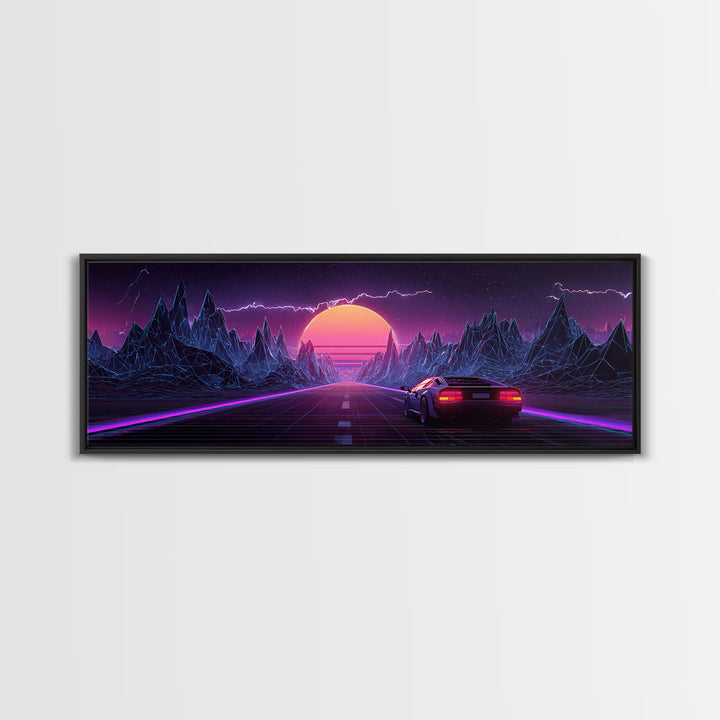 Synthwave Mountain Highway Canvas Print, Retro Futuristic Car Wall Art, Neon Gaming Room Decor, Vaporwave Poster, Cyberpunk Gift For Him