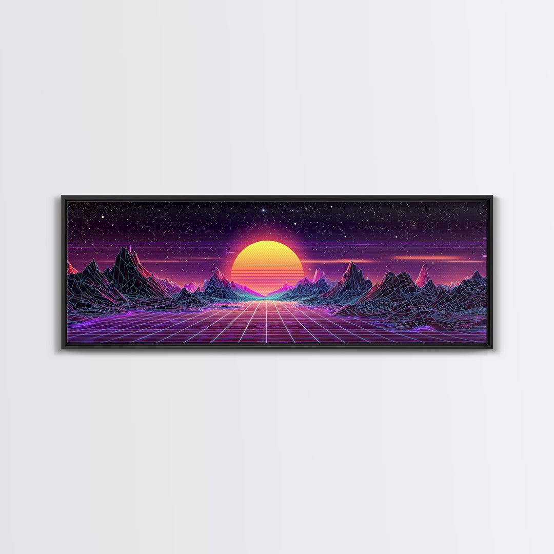 Retro Futuristic Mountain Grid Sunset Canvas Print, Synthwave Wall Art, Neon Vaporwave Decor For Game Room Or Dorm Room Decor
