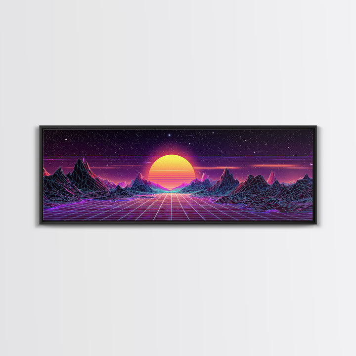 Retro Futuristic Mountain Grid Sunset Canvas Print, Synthwave Wall Art, Neon Vaporwave Decor For Game Room Or Dorm Room Decor