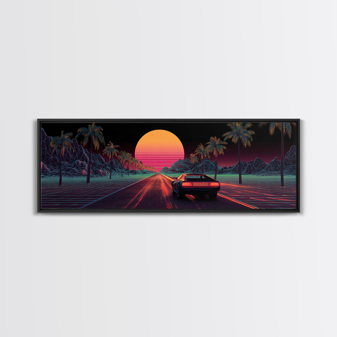 Retro Synthwave Car On Neon Palm Road Wall Art, 80s Vaporwave Canvas Print, Futuristic Cityscape Home Decor Poster For Living Room